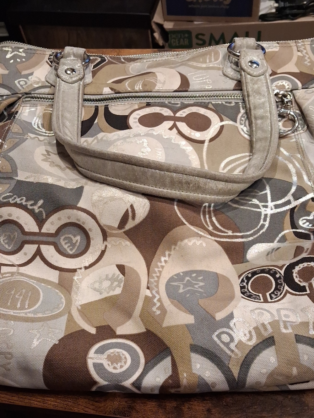 Coach Poppy 18342 Pop C Metallic Graffiti Glam Tote Bag Khaki/Silver Flawed